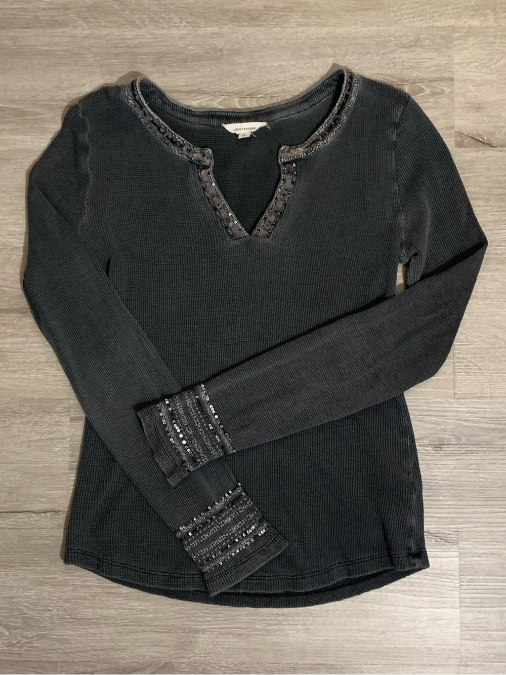 Lucky Brand Grey Long-Sleeve Thermal Top with Sequin and Velvet Trim